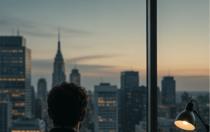 City skyline at dusk.